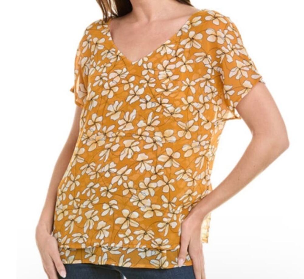 CAbi yellow floral v-neck layered blouse small
